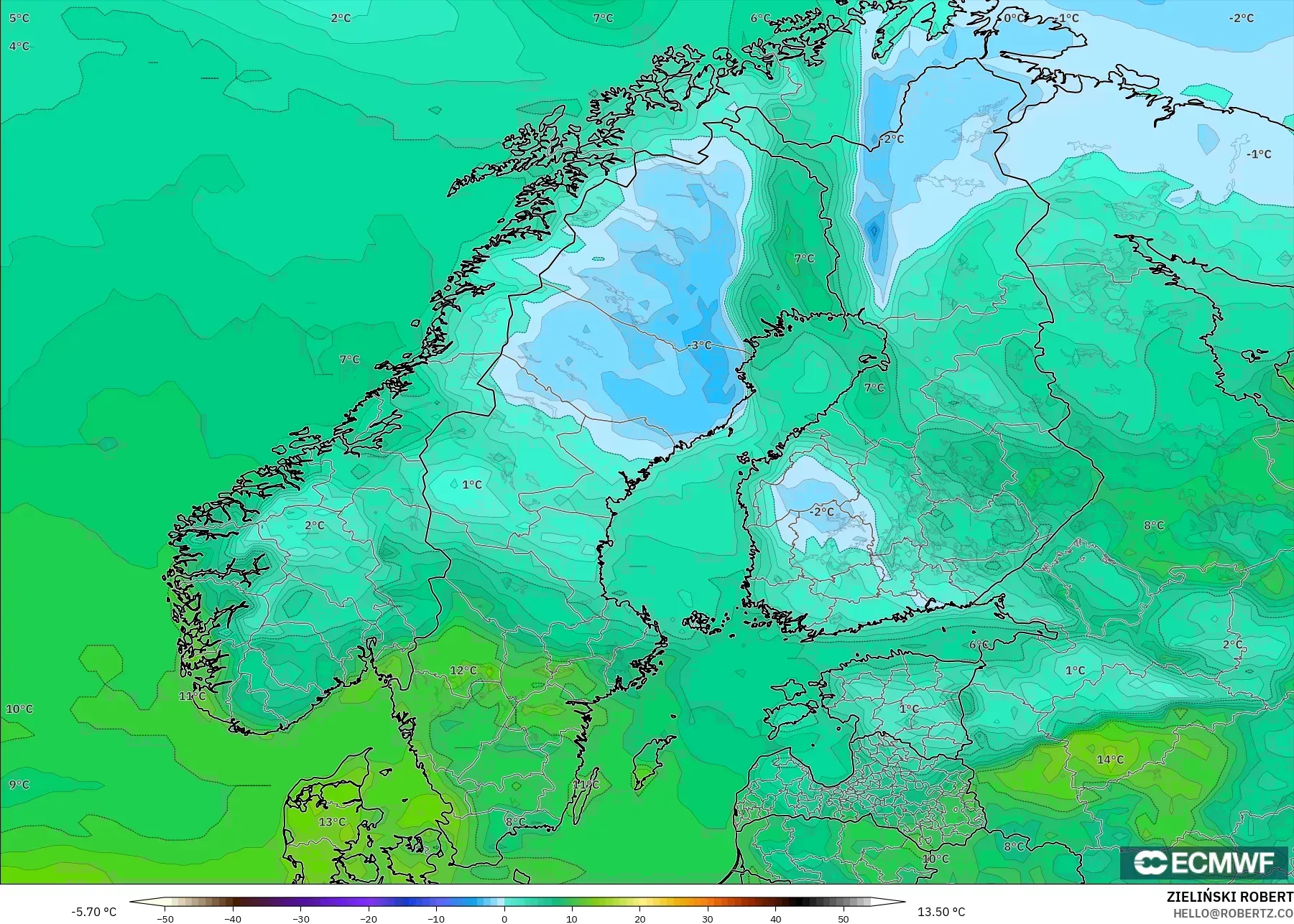 ECMWF IFS 0.25° モデル - スカンジナビア, 露点温度（2m）