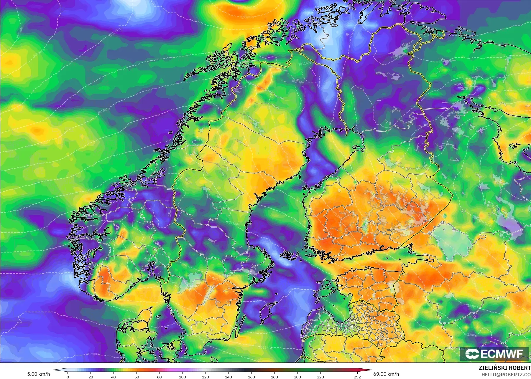 ECMWF IFS 0.25° モデル - スカンジナビア, 突風