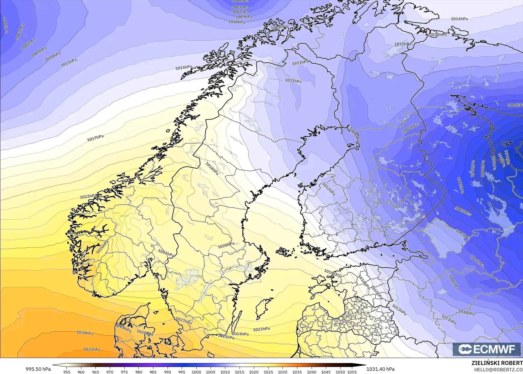 ECMWF IFS 0.25° モデル - スカンジナビア, 気圧
