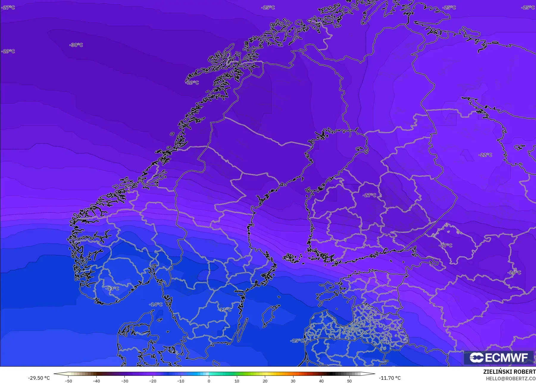ECMWF IFS 0.25° モデル - スカンジナビア, 気温（500hPa）