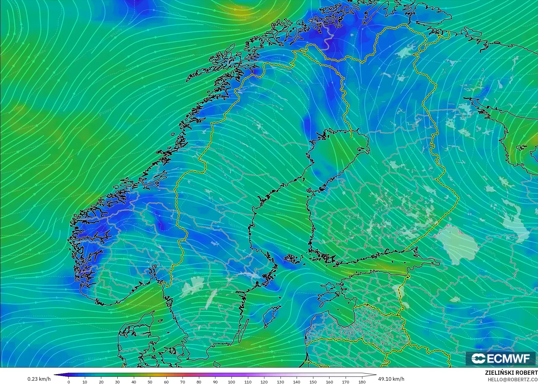 ECMWF IFS 0.25° モデル - スカンジナビア, 風速（10m）