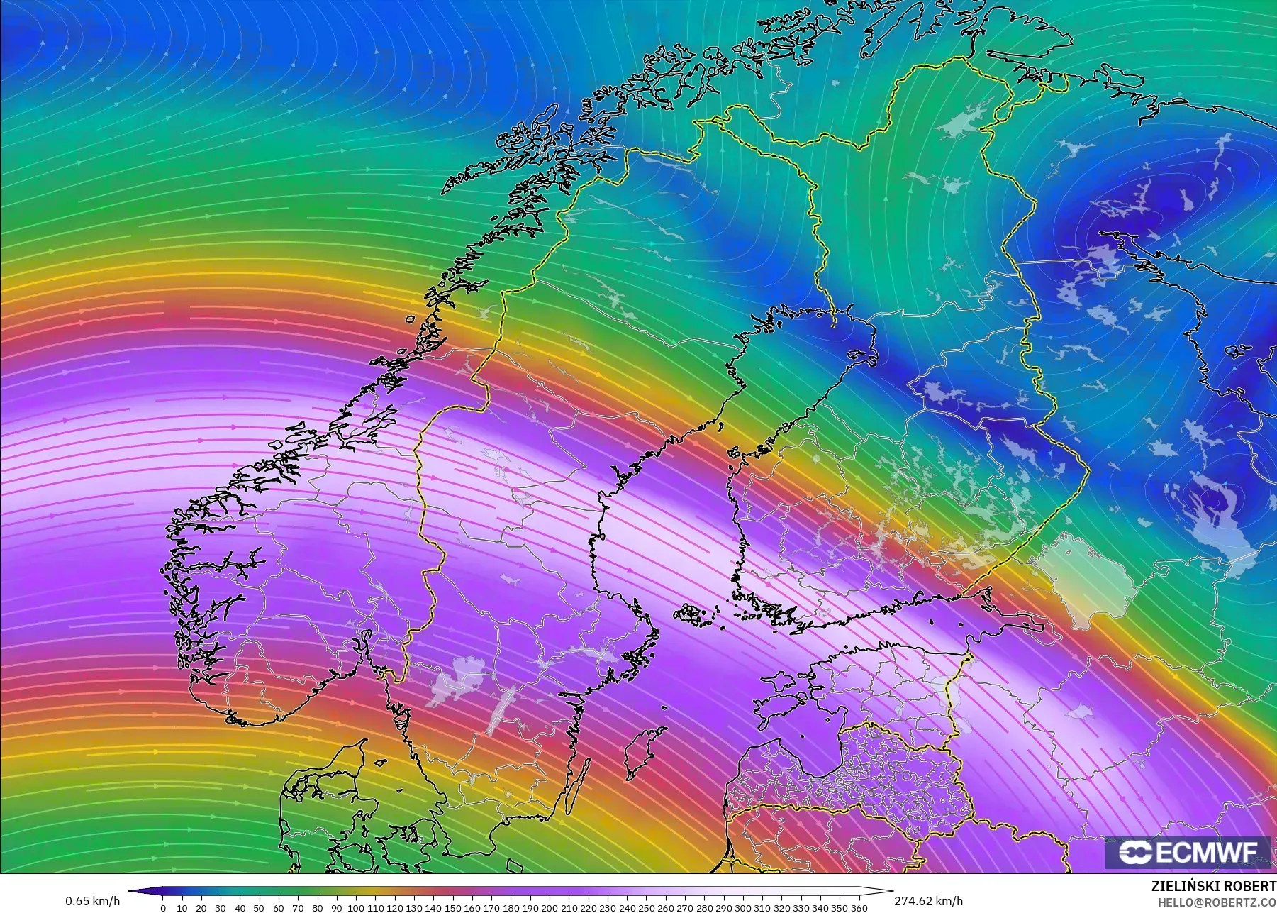 ECMWF IFS 0.25° モデル - スカンジナビア, 風速（300hPa）