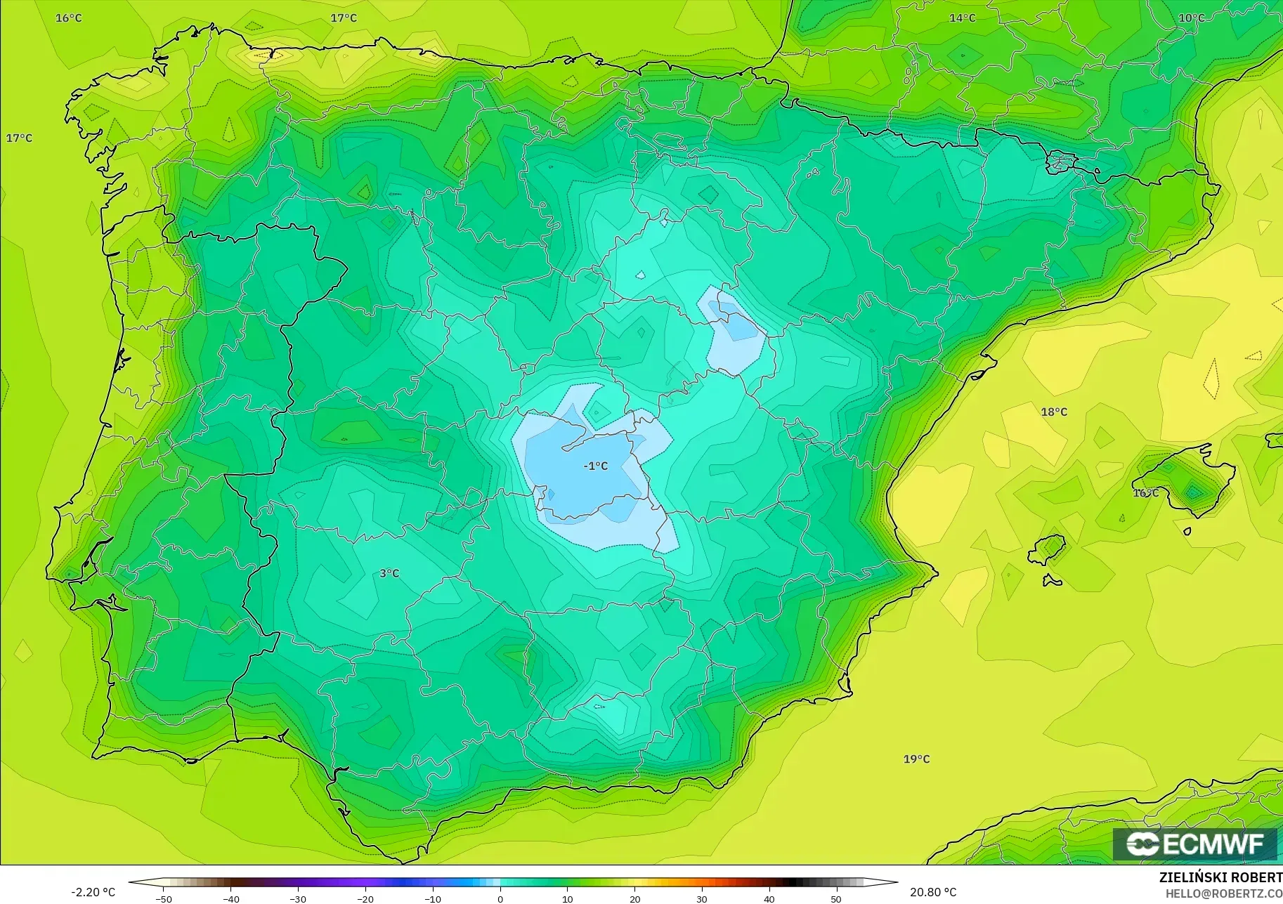 ECMWF IFS 0.25° モデル - スペイン, 露点温度（2m）