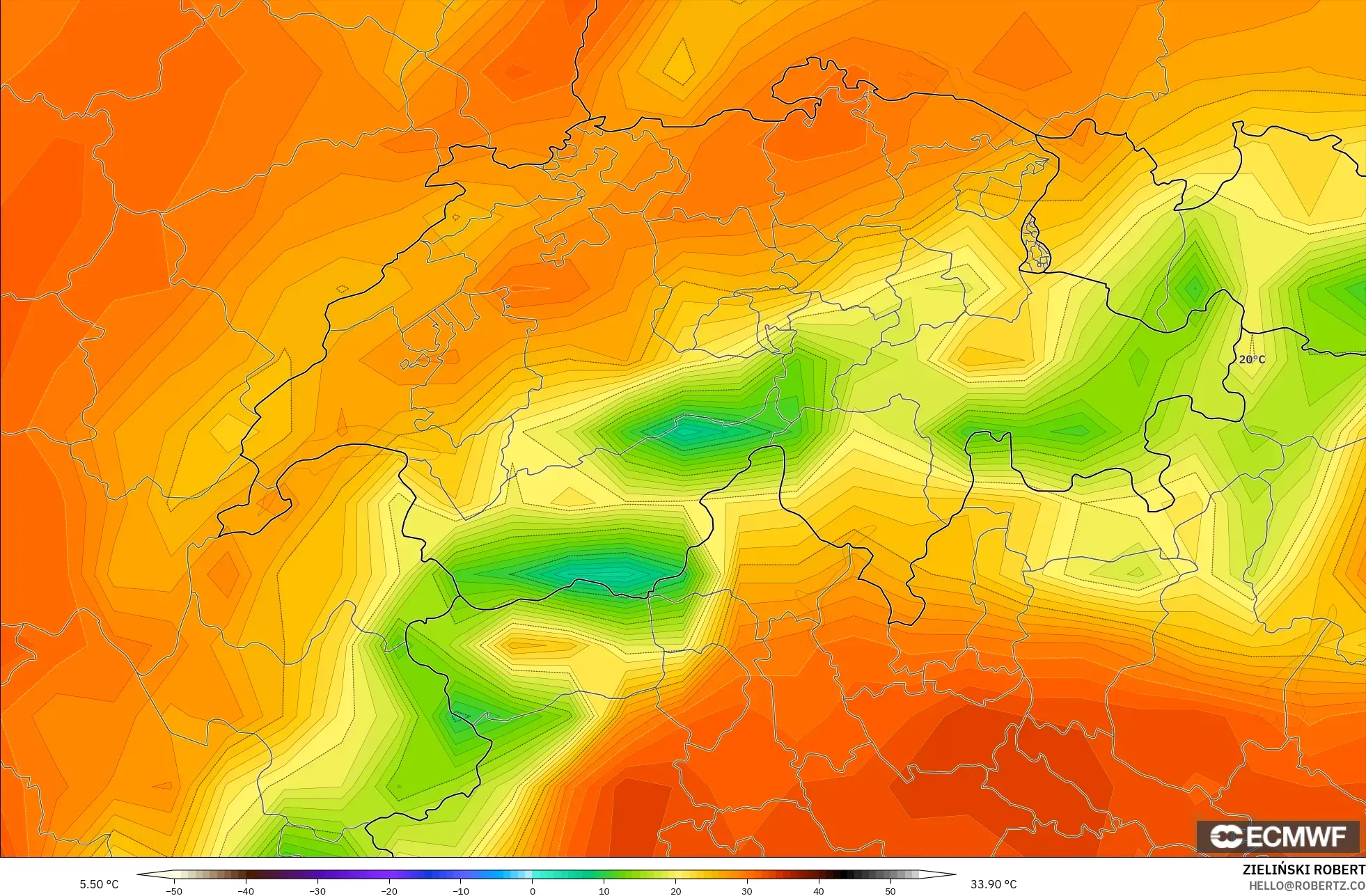 ECMWF IFS 0.25° モデル - スイス, 気温（2m）