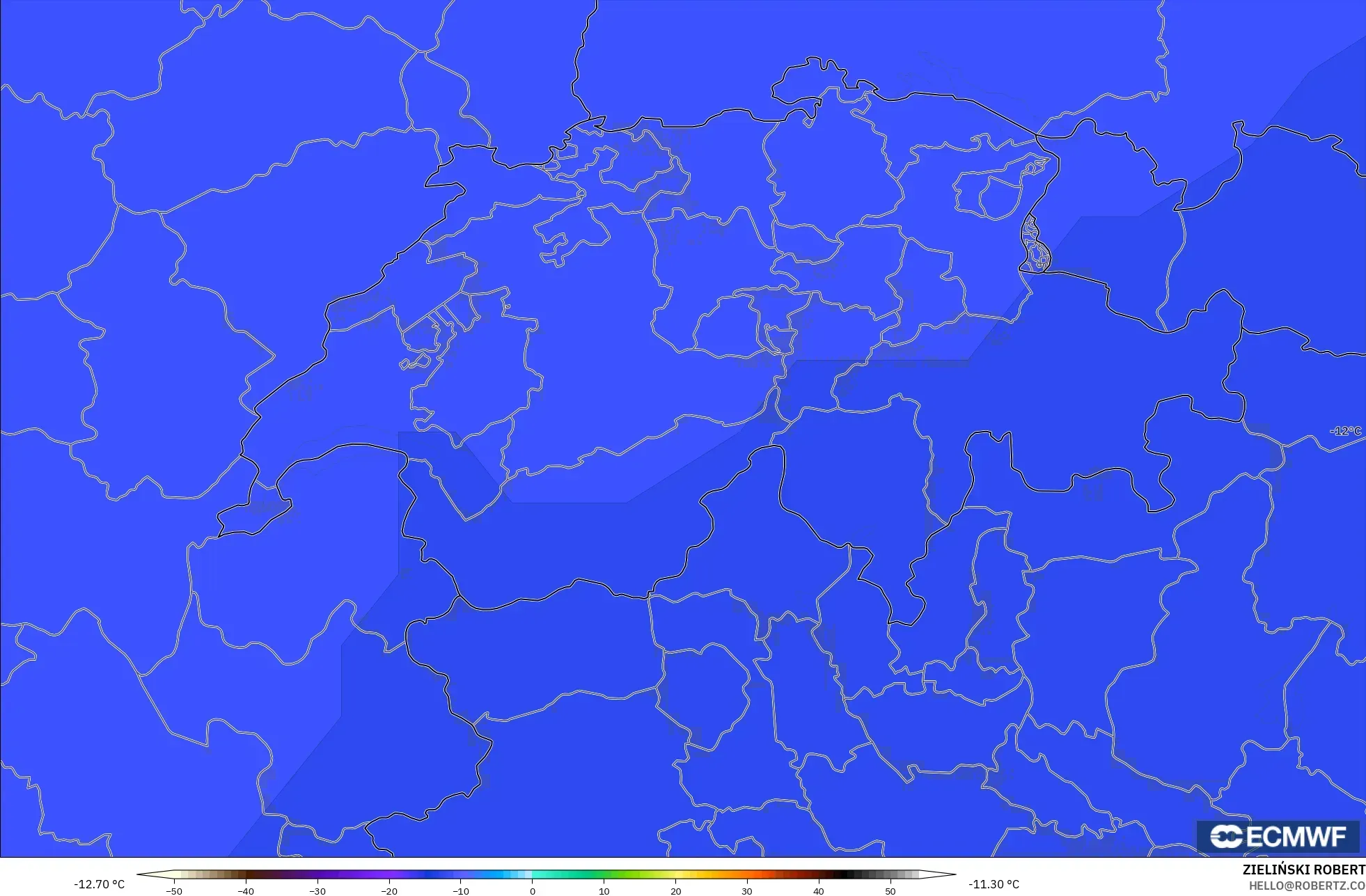 ECMWF IFS 0.25° モデル - スイス, 気温（500hPa）
