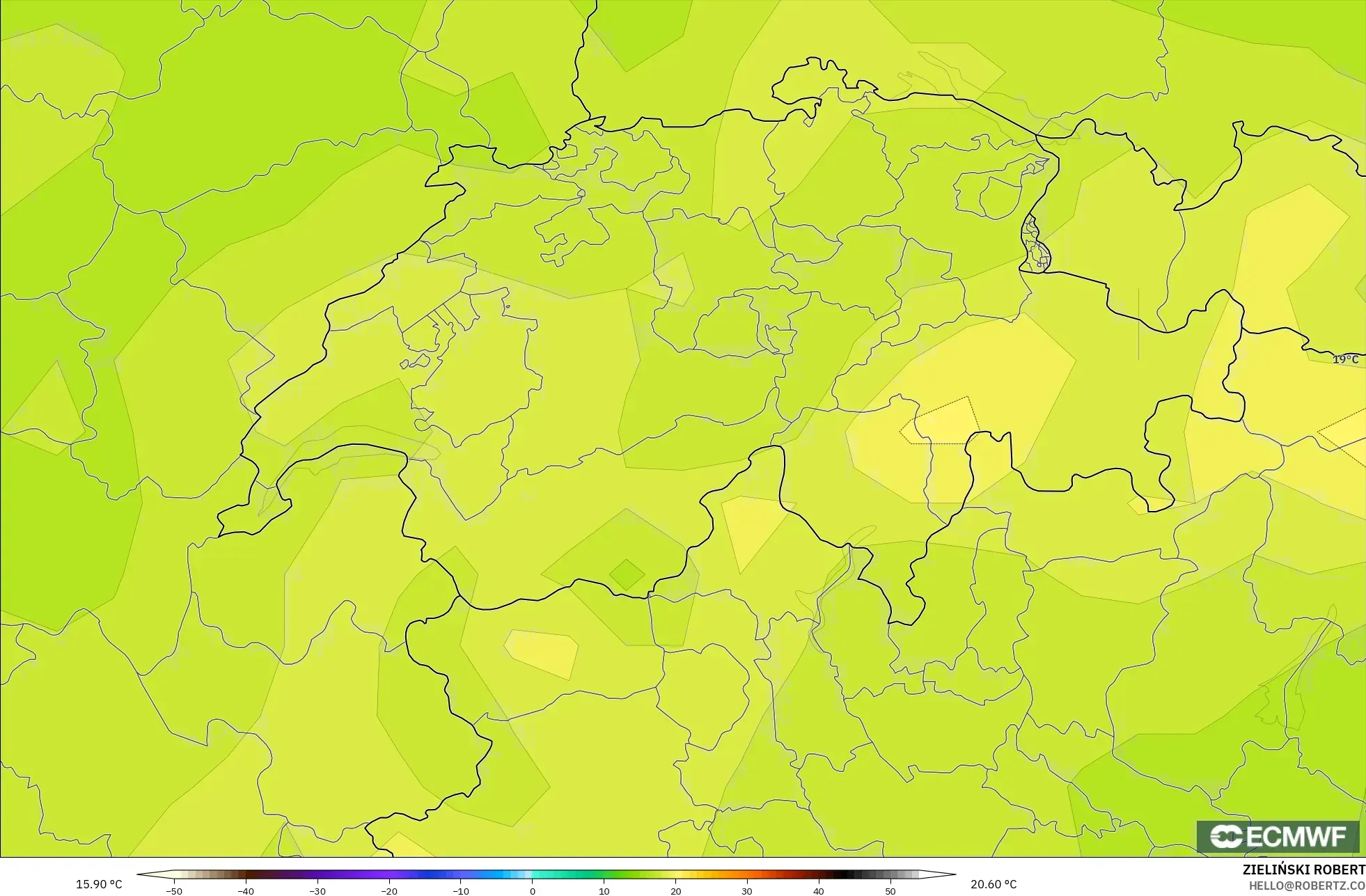 ECMWF IFS 0.25° モデル - スイス, 気温（850hPa）