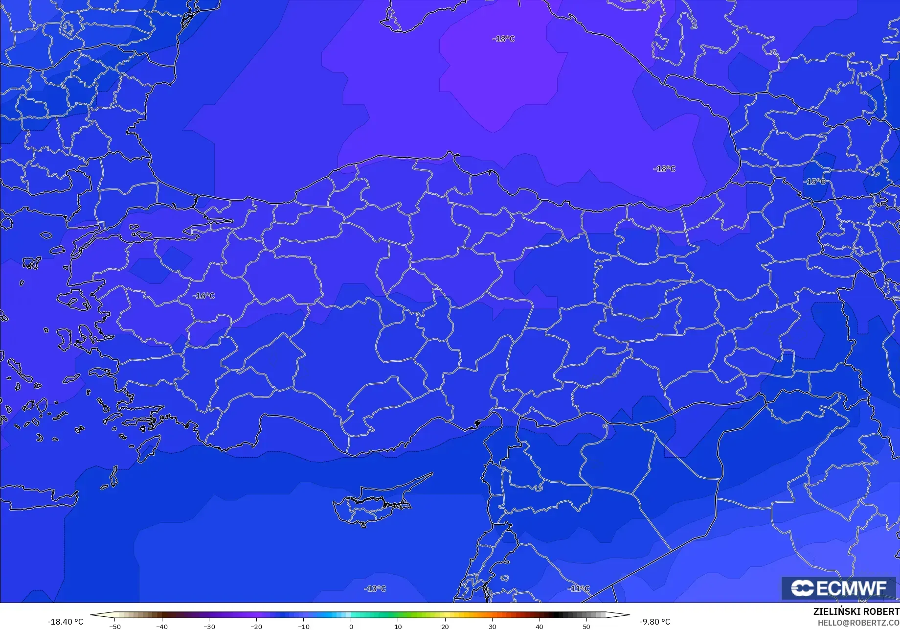 ECMWF IFS 0.25° モデル - トルコ, 気温（500hPa）