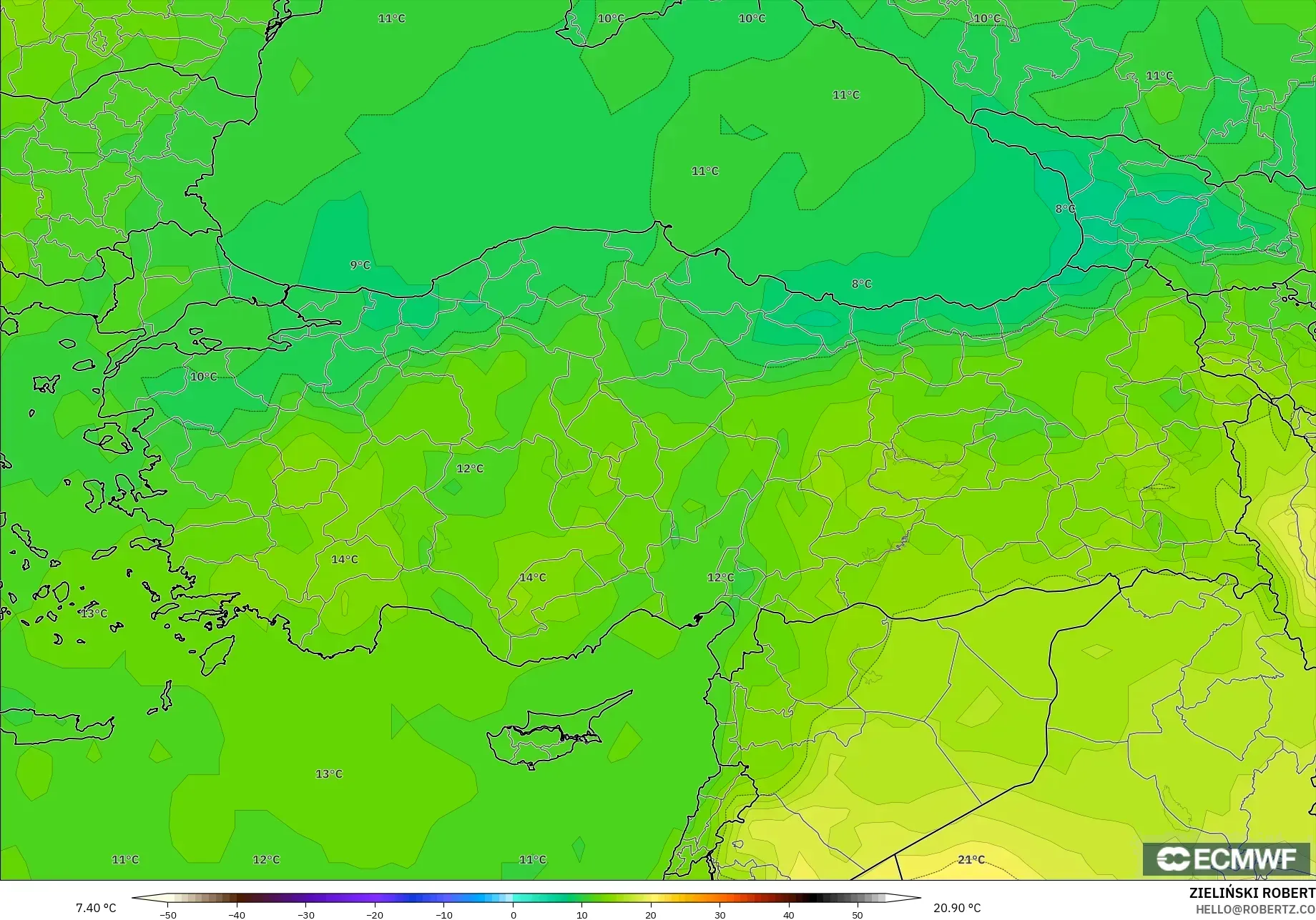 ECMWF IFS 0.25° モデル - トルコ, 気温（850hPa）