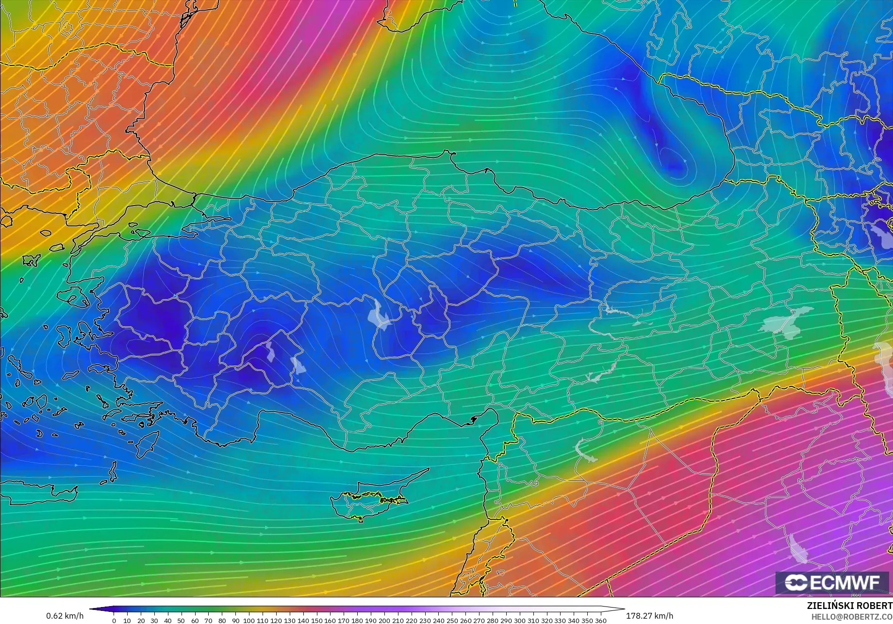 ECMWF IFS 0.25° モデル - トルコ, 風速（300hPa）