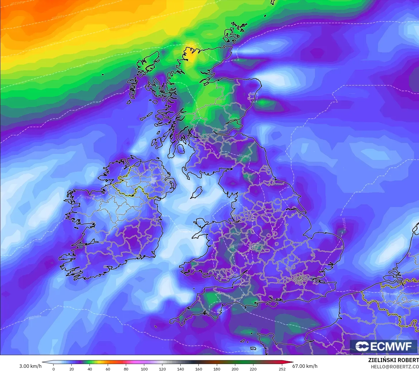 ECMWF IFS 0.25° モデル - イギリス, 突風（最大）