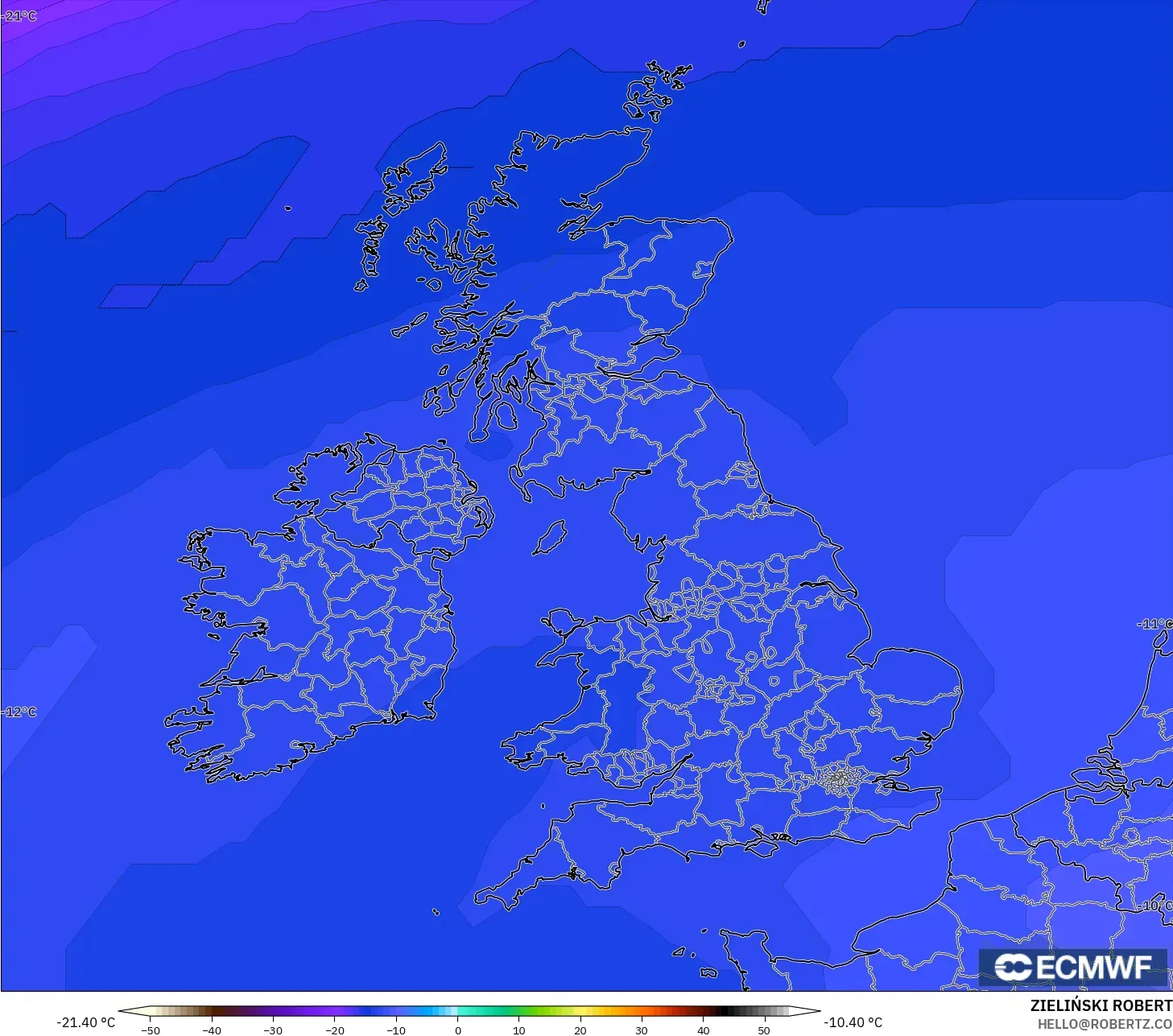 ECMWF IFS 0.25° モデル - イギリス, 気温（500hPa）