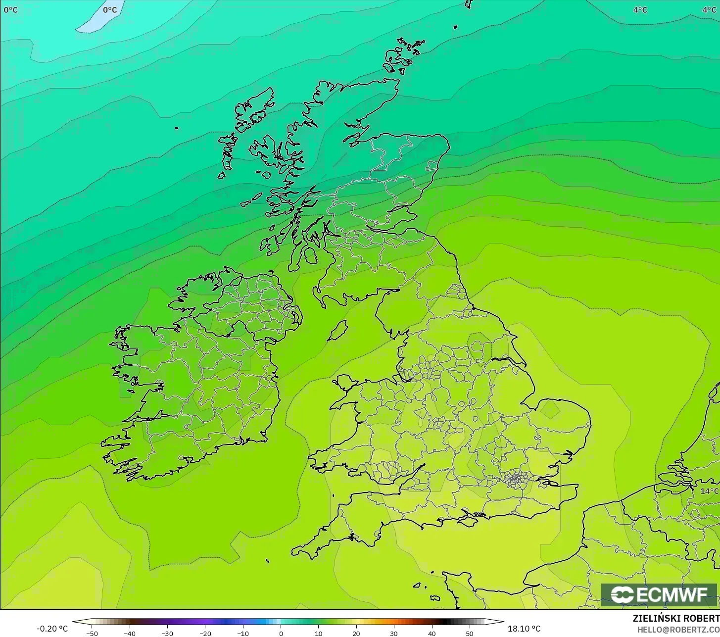 ECMWF IFS 0.25° モデル - イギリス, 気温（850hPa）