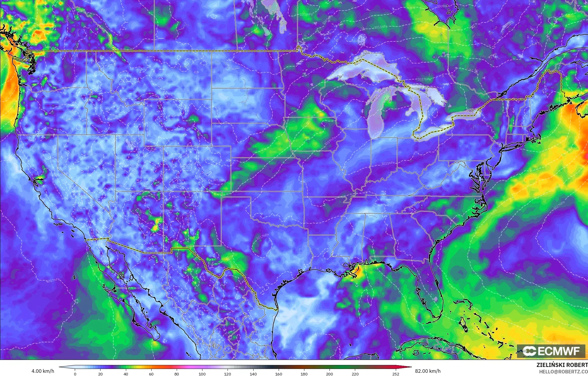 ECMWF IFS 0.25° モデル - アメリカ合衆国, 突風