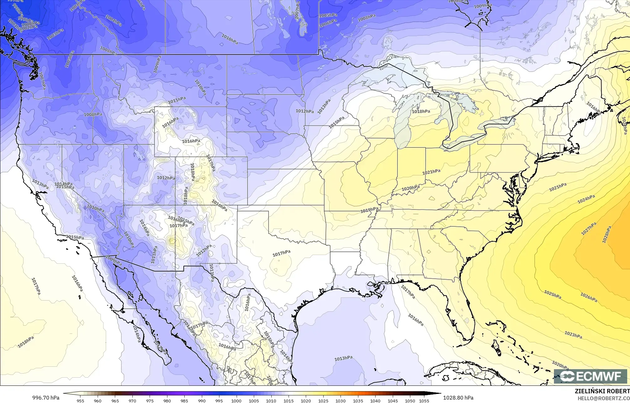 ECMWF IFS 0.25° モデル - アメリカ合衆国, 気圧