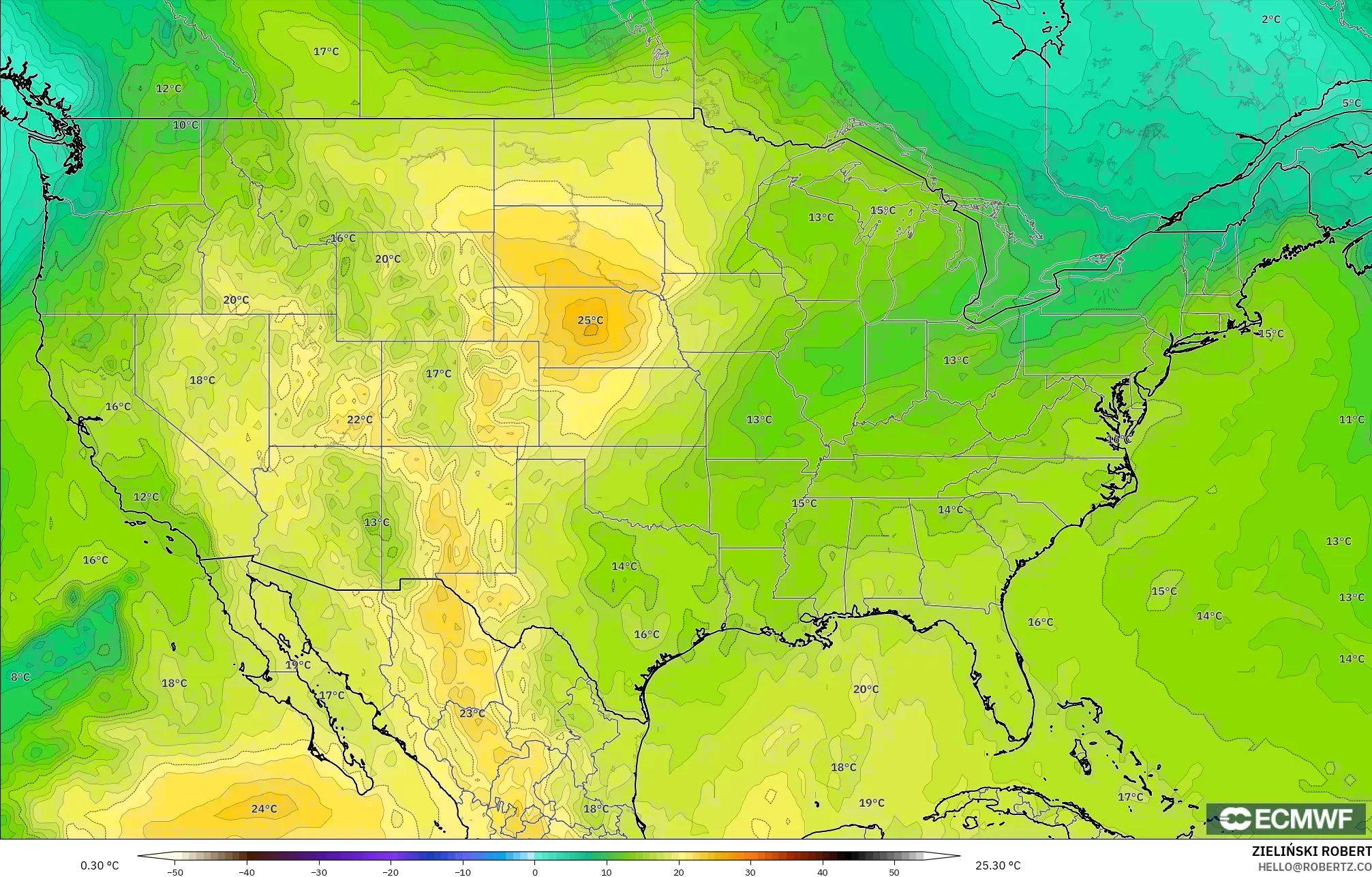 ECMWF IFS 0.25° モデル - アメリカ合衆国, 気温（850hPa）