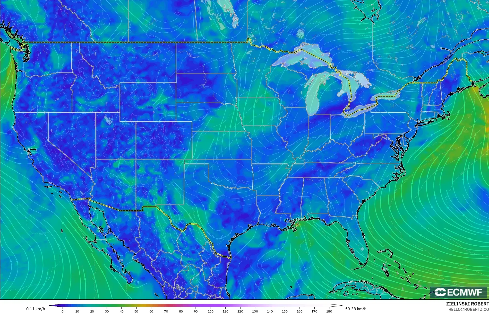 ECMWF IFS 0.25° モデル - アメリカ合衆国, 風速（10m）