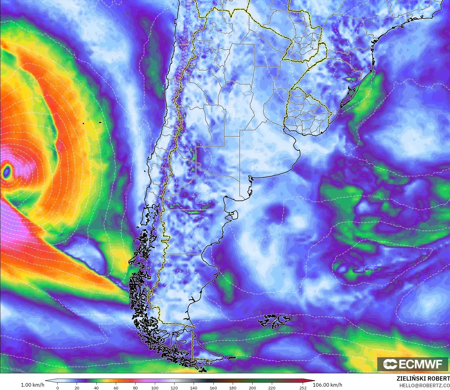 ECMWF IFS 0.25° モデル - アルゼンチン, 突風（最大）