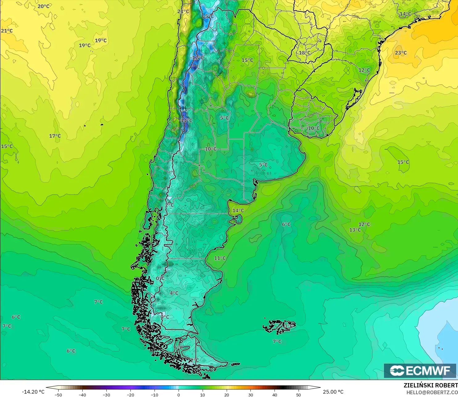 ECMWF IFS 0.25° モデル - アルゼンチン, 気温（2m）