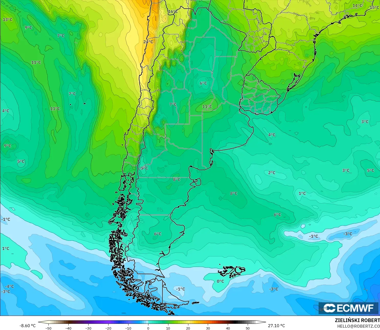 ECMWF IFS 0.25° モデル - アルゼンチン, 気温（850hPa）