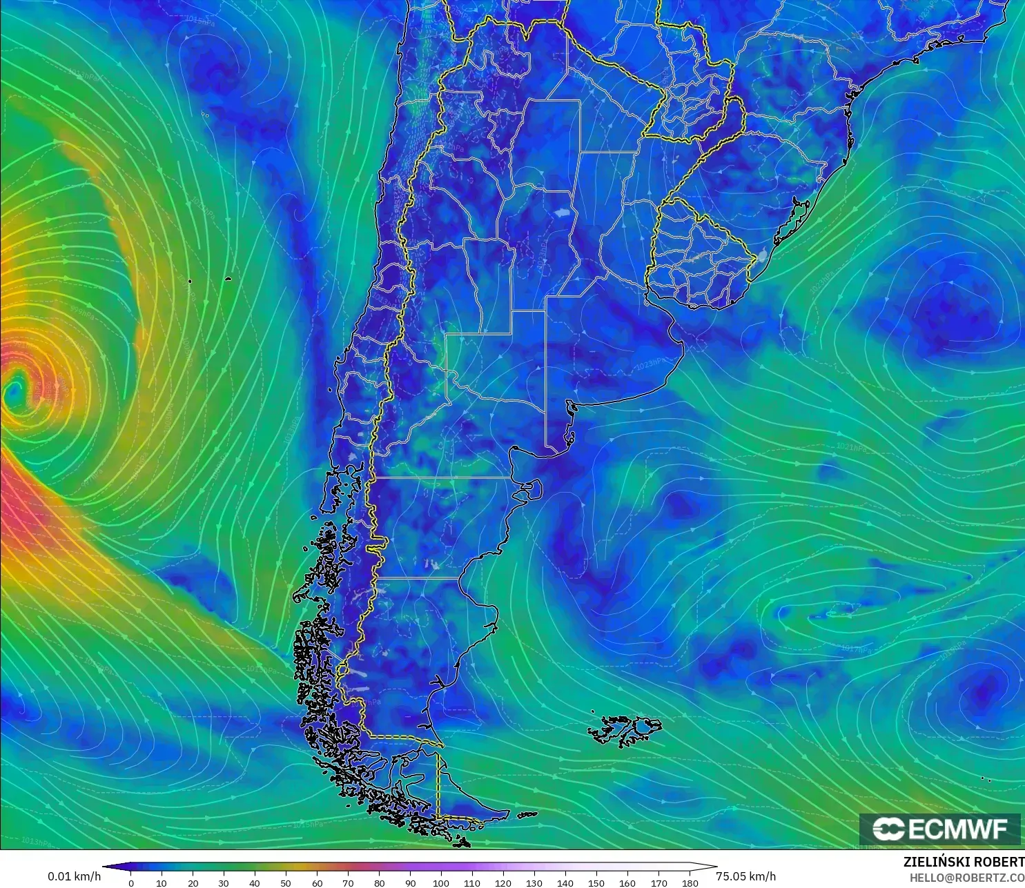 ECMWF IFS 0.25° モデル - アルゼンチン, 風速（10m）