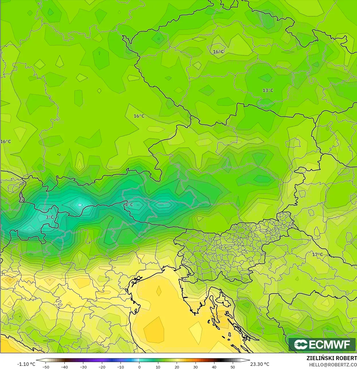 ECMWF IFS 0.25° モデル - オーストリア, 気温（2m）