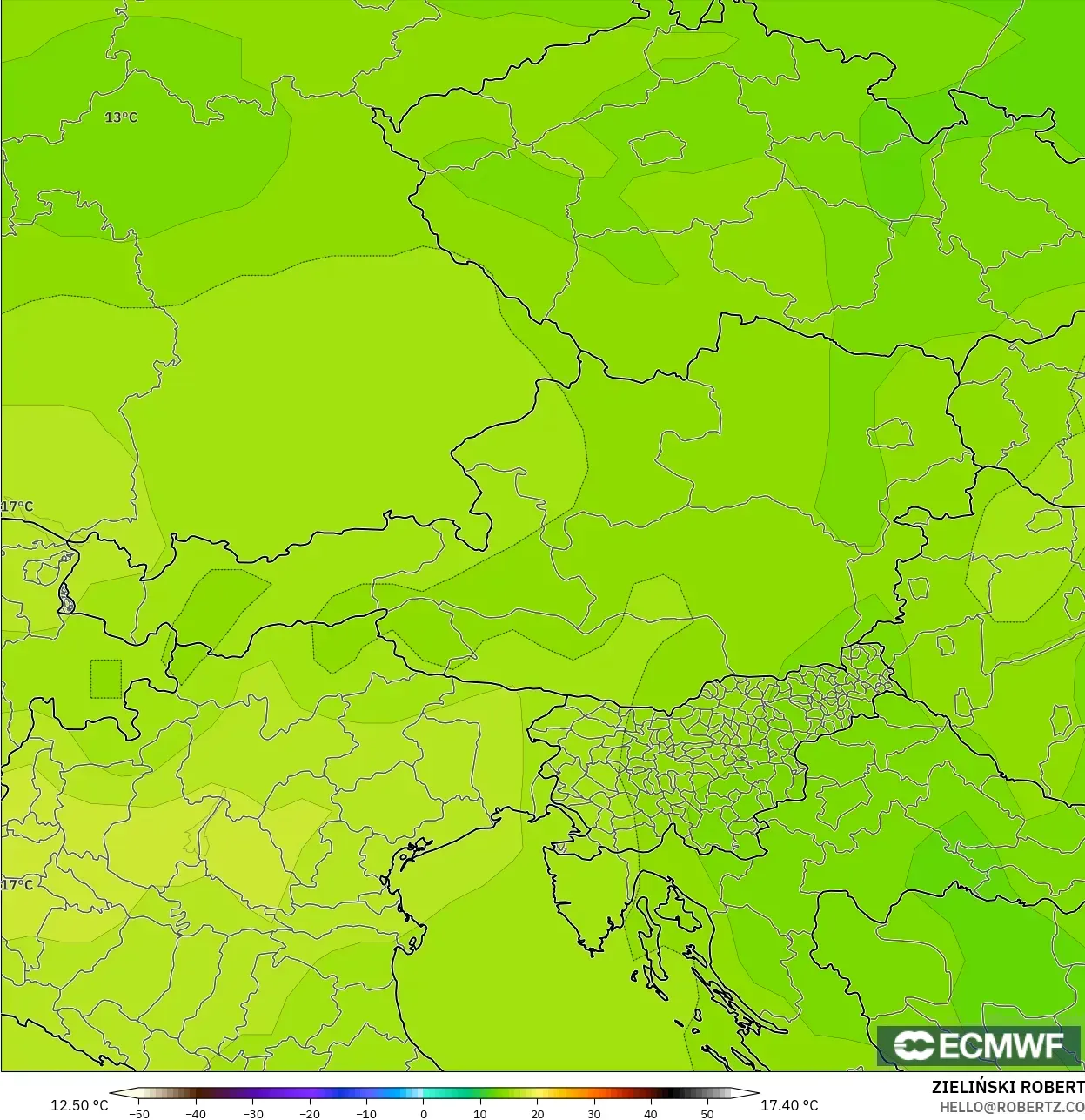 ECMWF IFS 0.25° モデル - オーストリア, 気温（850hPa）