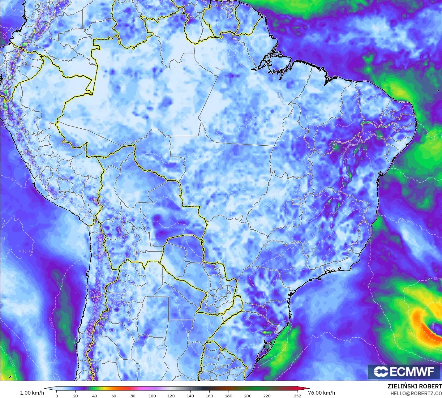 ECMWF IFS 0.25° モデル - ブラジル, 突風（最大）