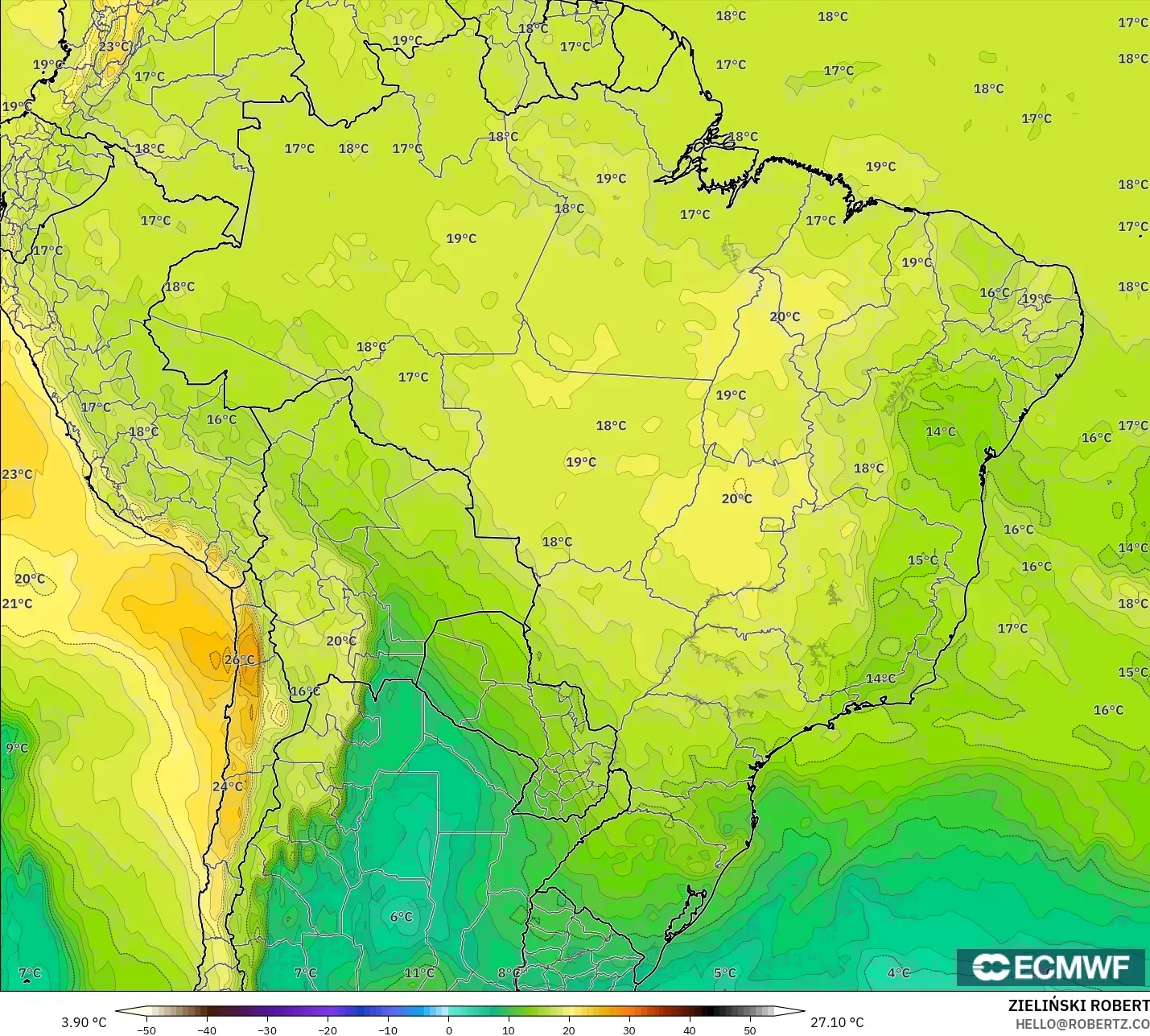 ECMWF IFS 0.25° モデル - ブラジル, 気温（850hPa）