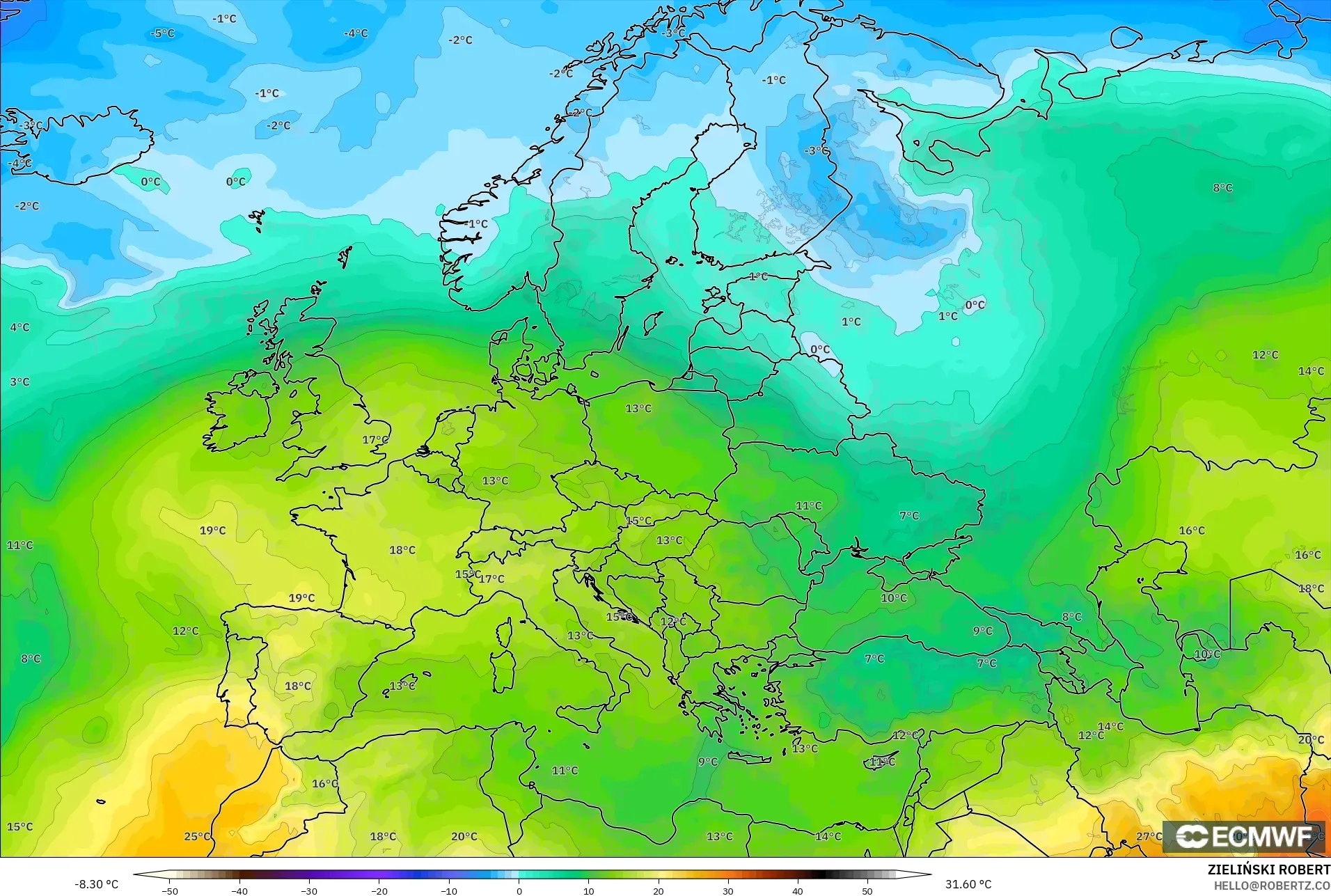 ECMWF IFS 0.25° モデル - ヨーロッパ, 気温（850hPa）