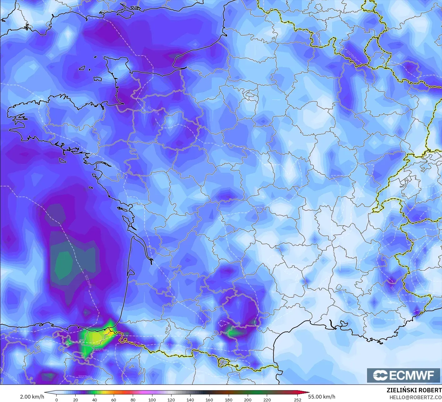 ECMWF IFS 0.25° モデル - フランス, 突風（最大）