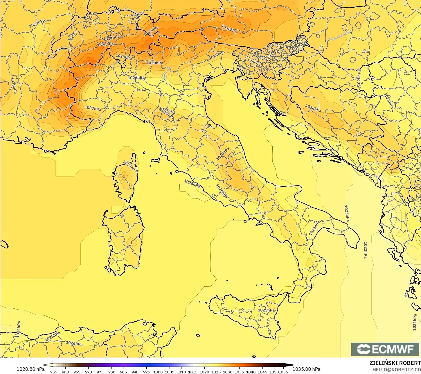 ECMWF IFS 0.25° モデル - イタリア, 気圧