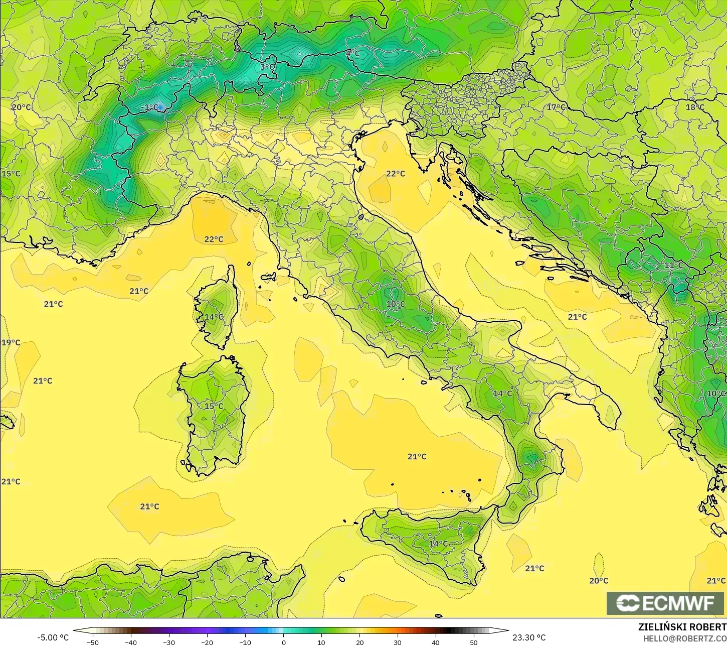 ECMWF IFS 0.25° モデル - イタリア, 気温（2m）