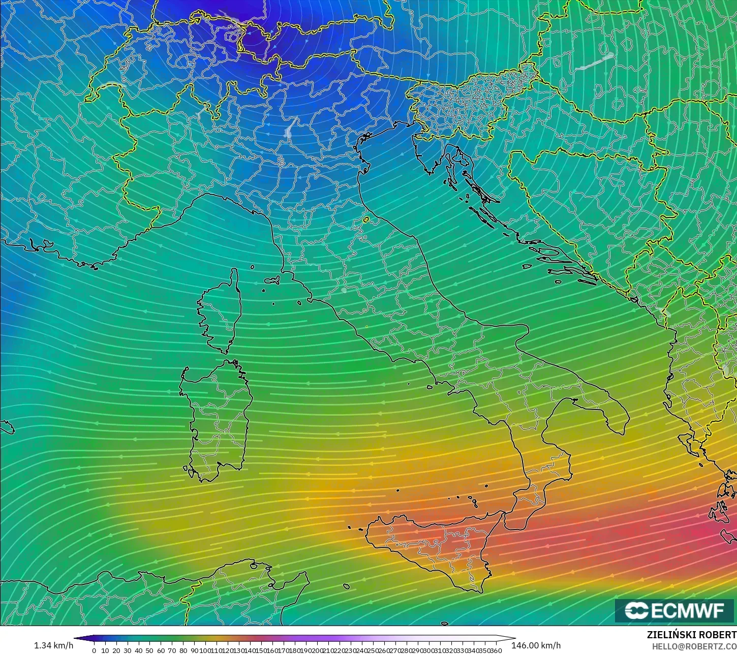 ECMWF IFS 0.25° モデル - イタリア, 風速（300hPa）