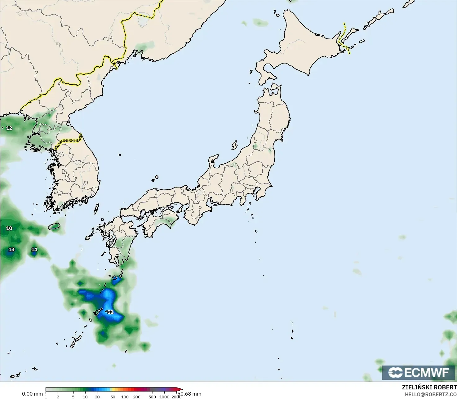 ECMWF IFS 0.25° モデル - 日本, 降水量の合計