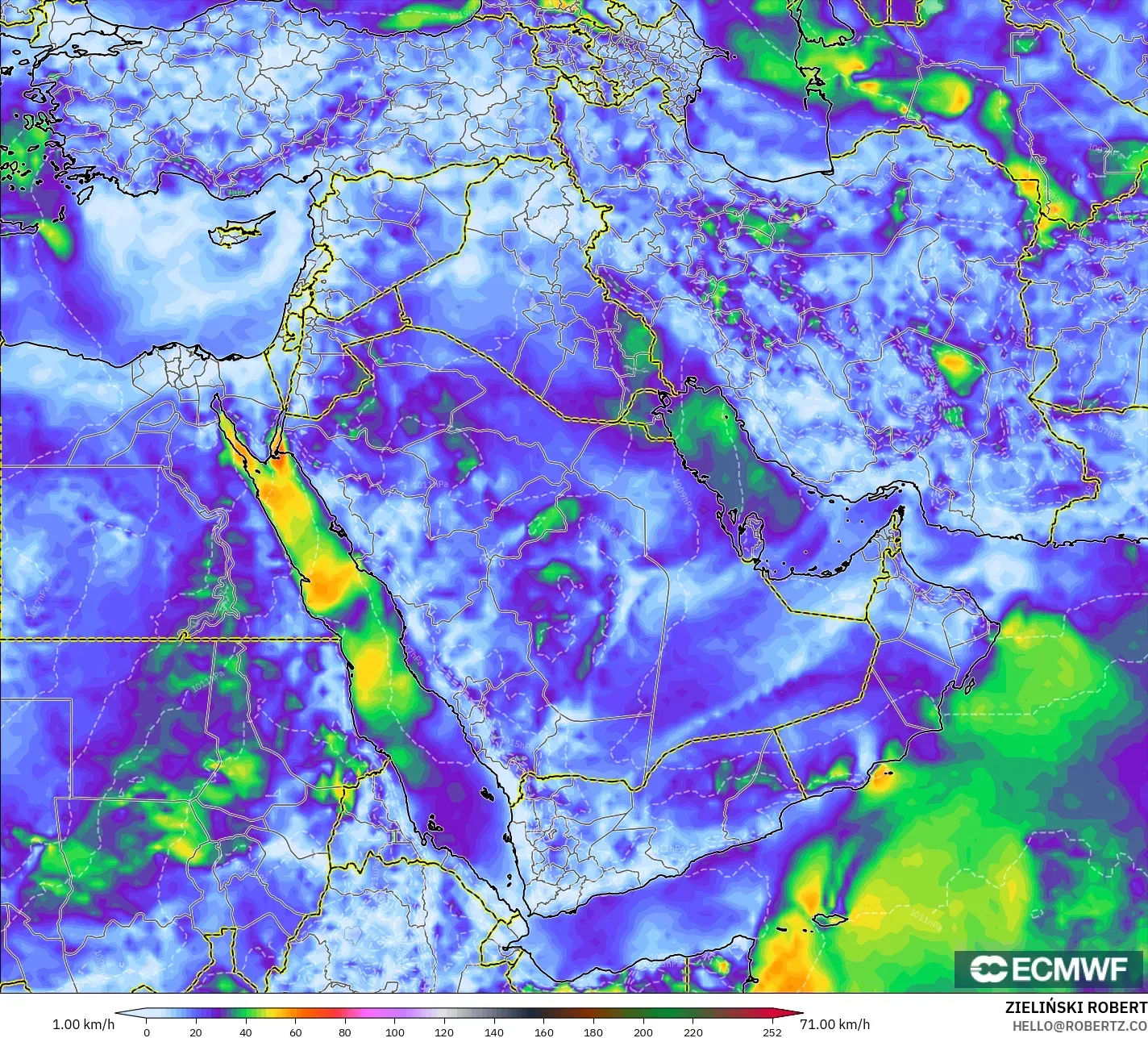 ECMWF IFS 0.25° モデル - 中東, 突風（最大）