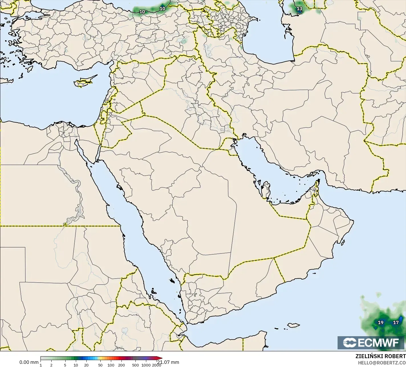ECMWF IFS 0.25° モデル - 中東, 降水量の合計