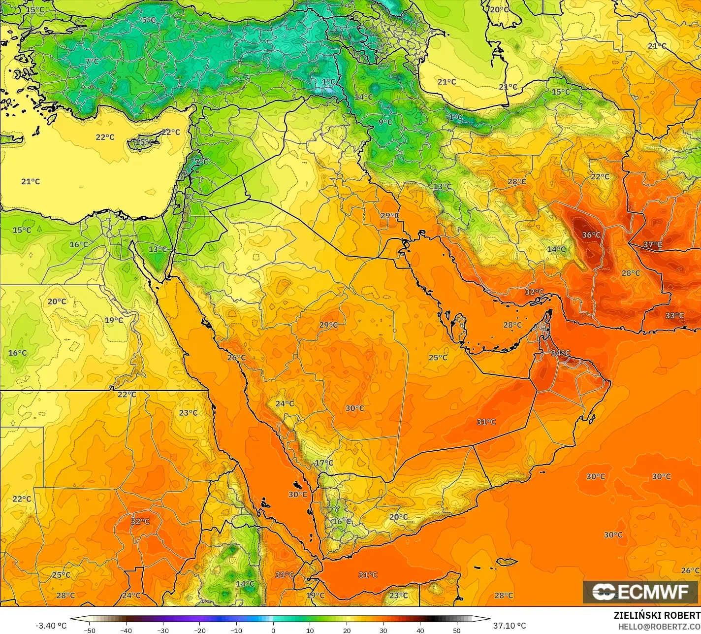 ECMWF IFS 0.25° モデル - 中東, 気温（2m）