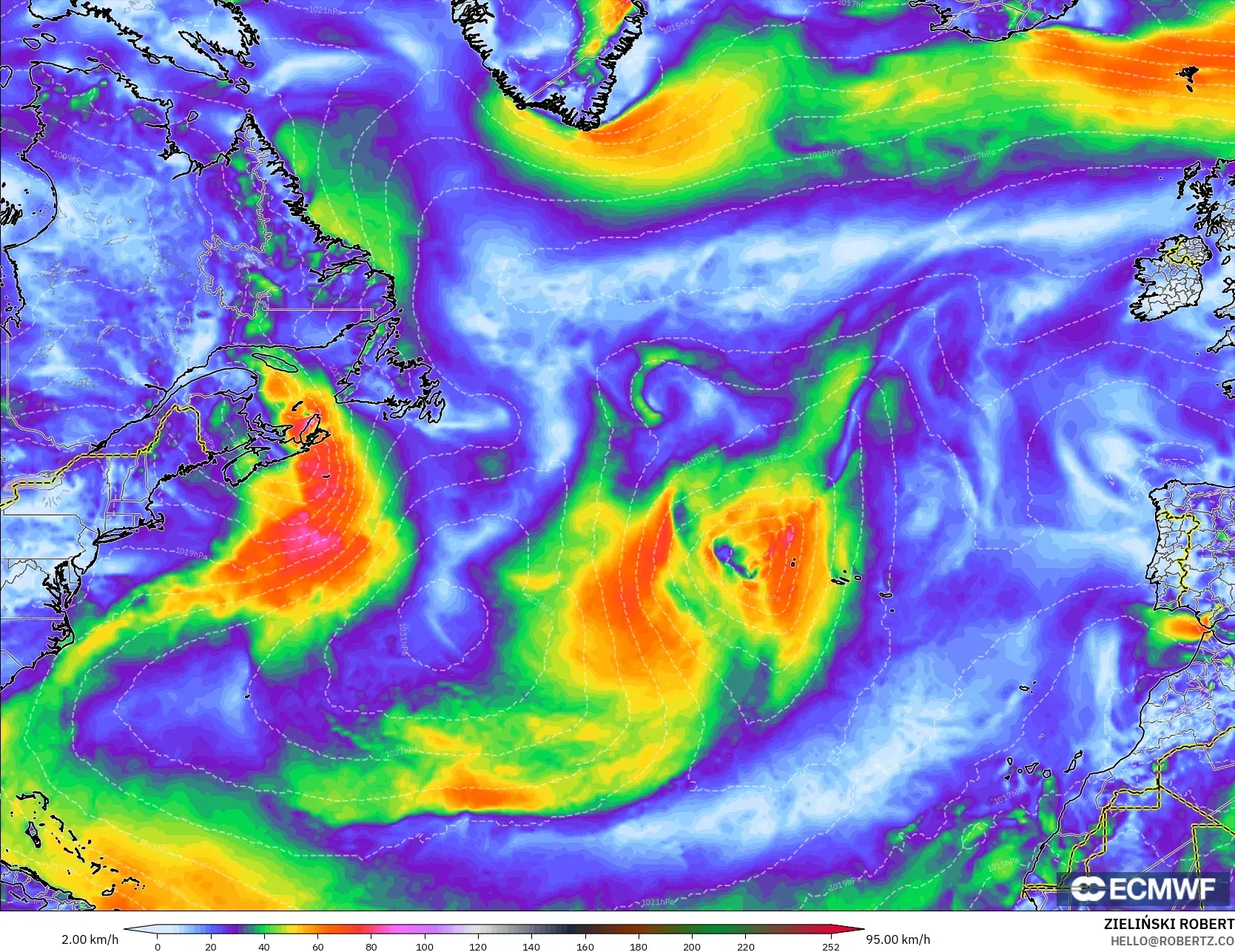 ECMWF IFS 0.25° モデル - 北大西洋, 突風（最大）
