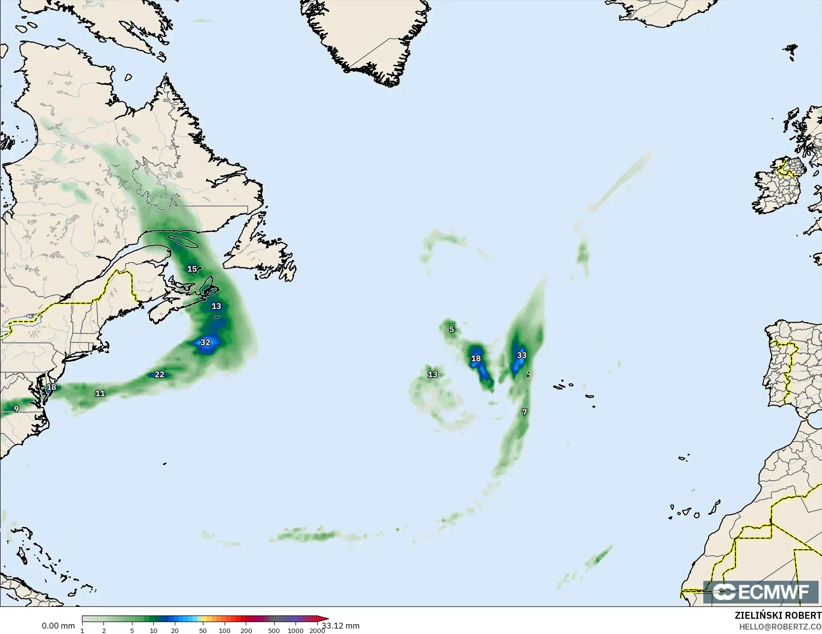 ECMWF IFS 0.25° モデル - 北大西洋, 降水量の合計
