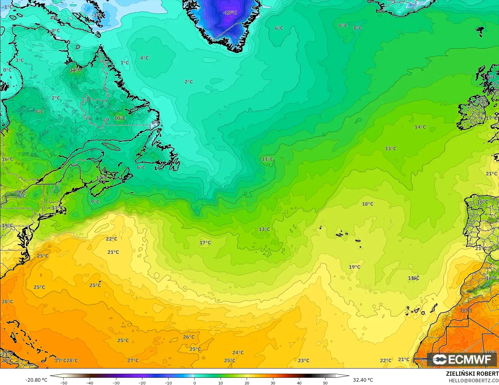 ECMWF IFS 0.25° モデル - 北大西洋, 気温（2m）