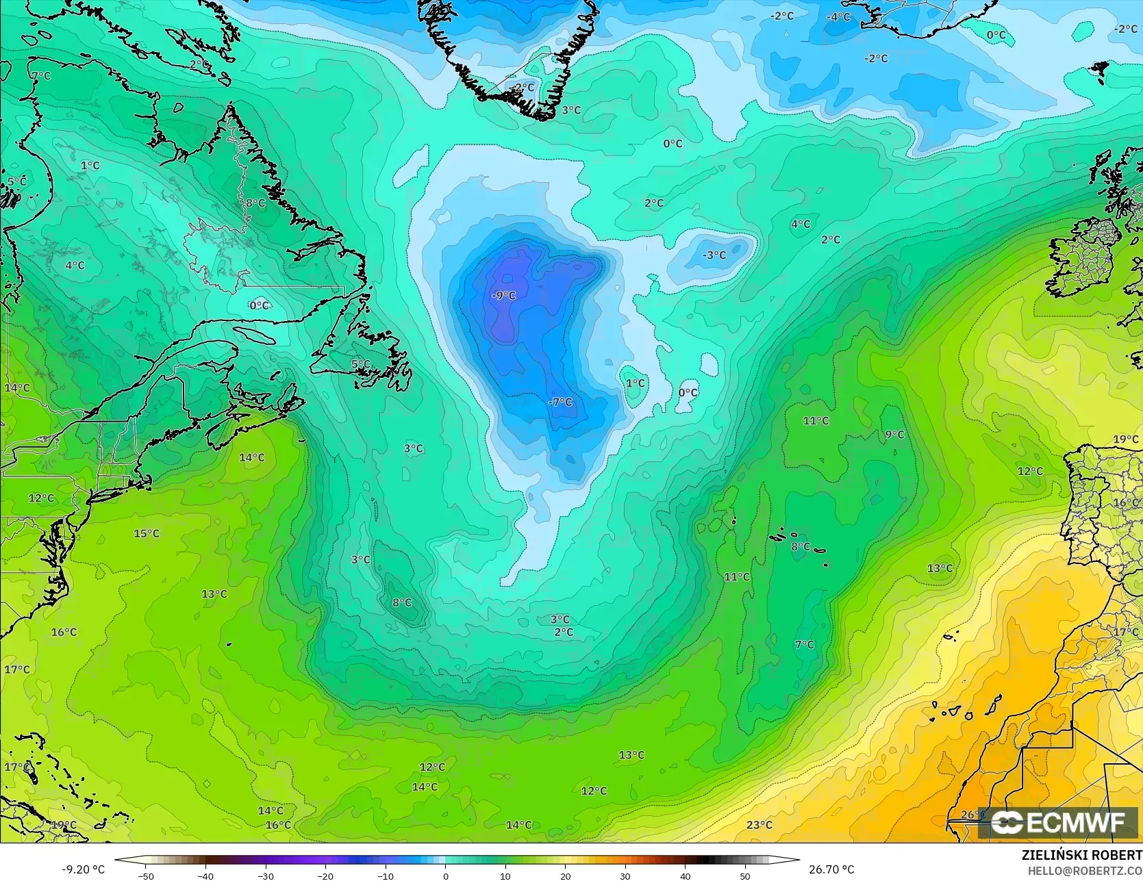 ECMWF IFS 0.25° モデル - 北大西洋, 気温（850hPa）