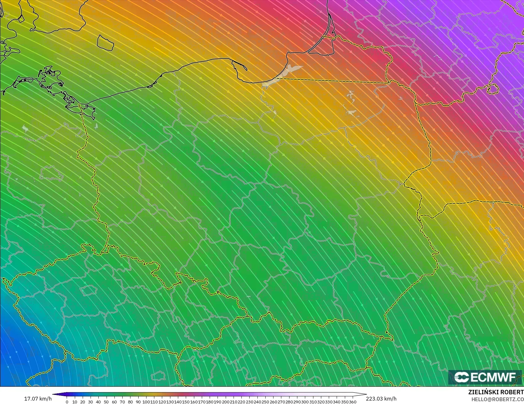 ECMWF IFS 0.25° モデル - ポーランド, 風速（300hPa）