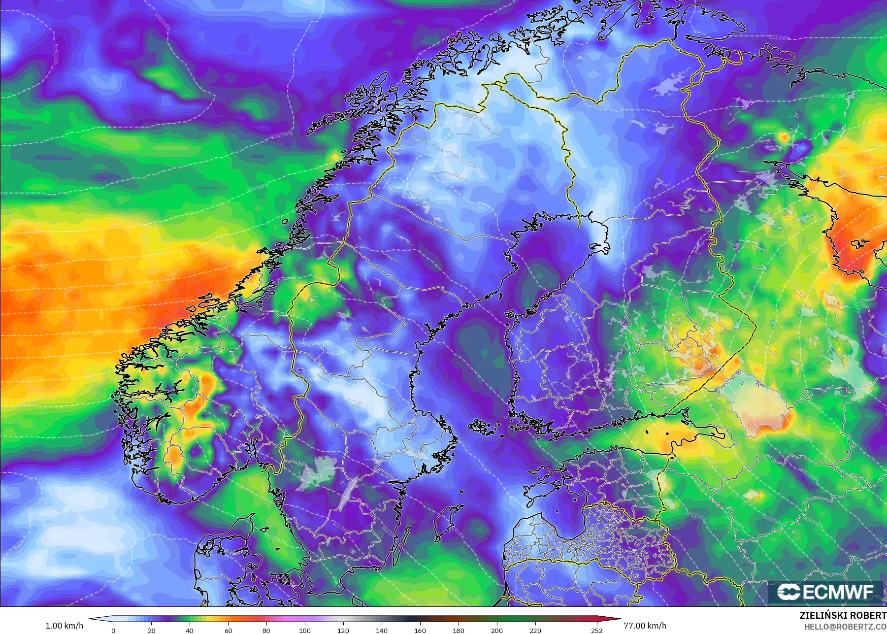 ECMWF IFS 0.25° モデル - スカンジナビア, 突風（最大）