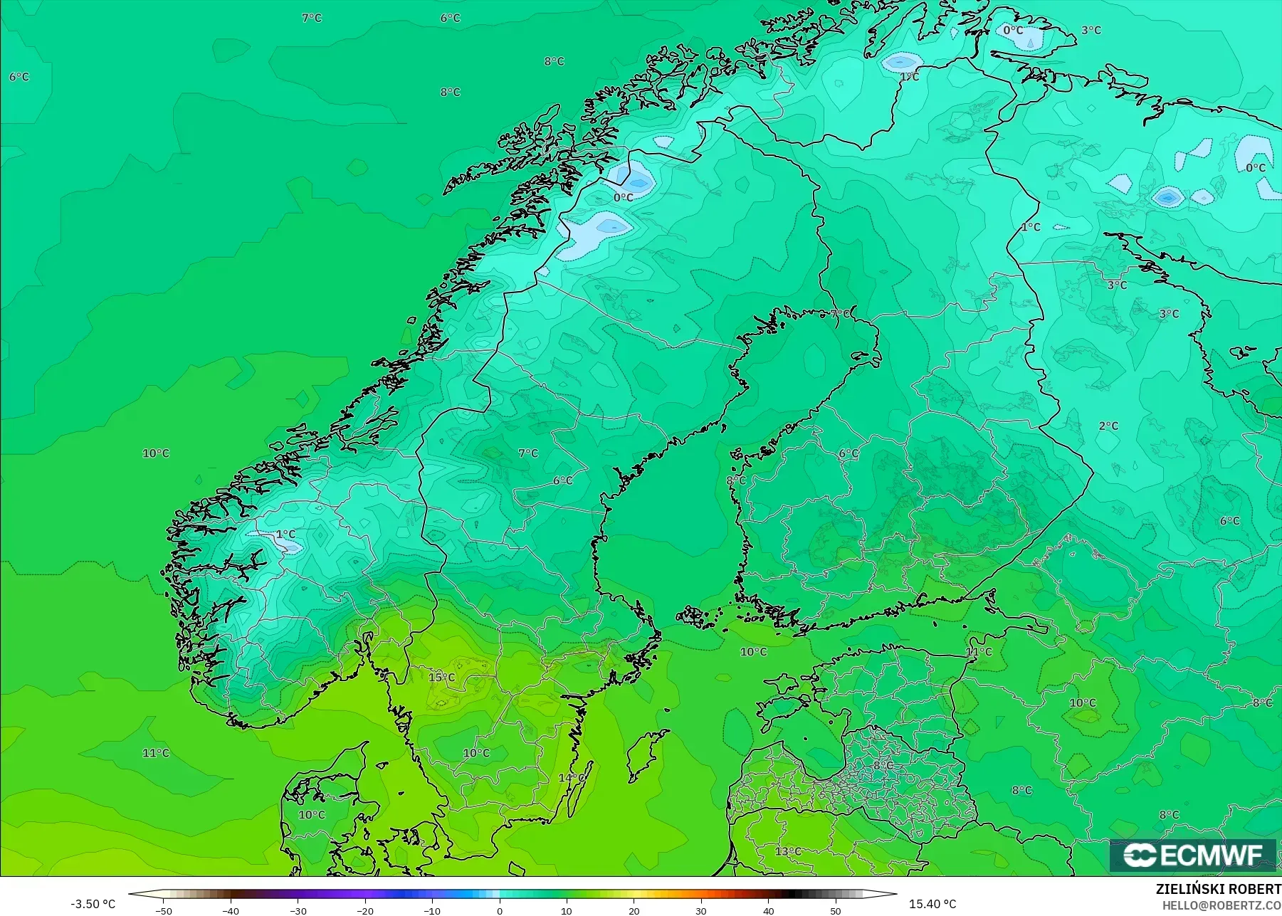 ECMWF IFS 0.25° モデル - スカンジナビア, 気温（2m）