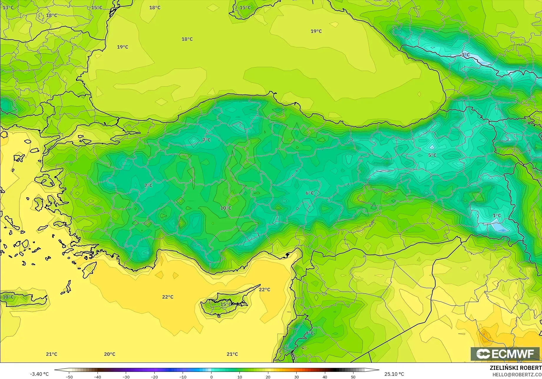 ECMWF IFS 0.25° モデル - トルコ, 気温（2m）
