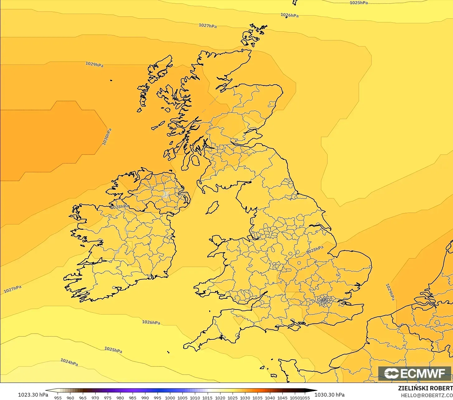 ECMWF IFS 0.25° モデル - イギリス, 気圧