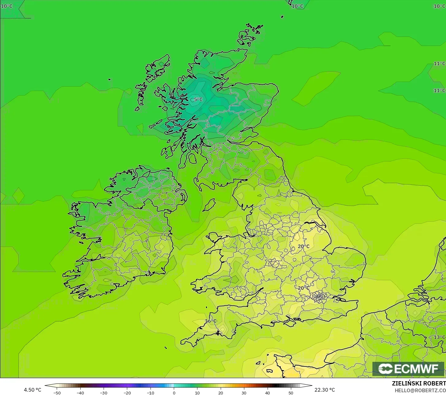 ECMWF IFS 0.25° モデル - イギリス, 気温（2m）