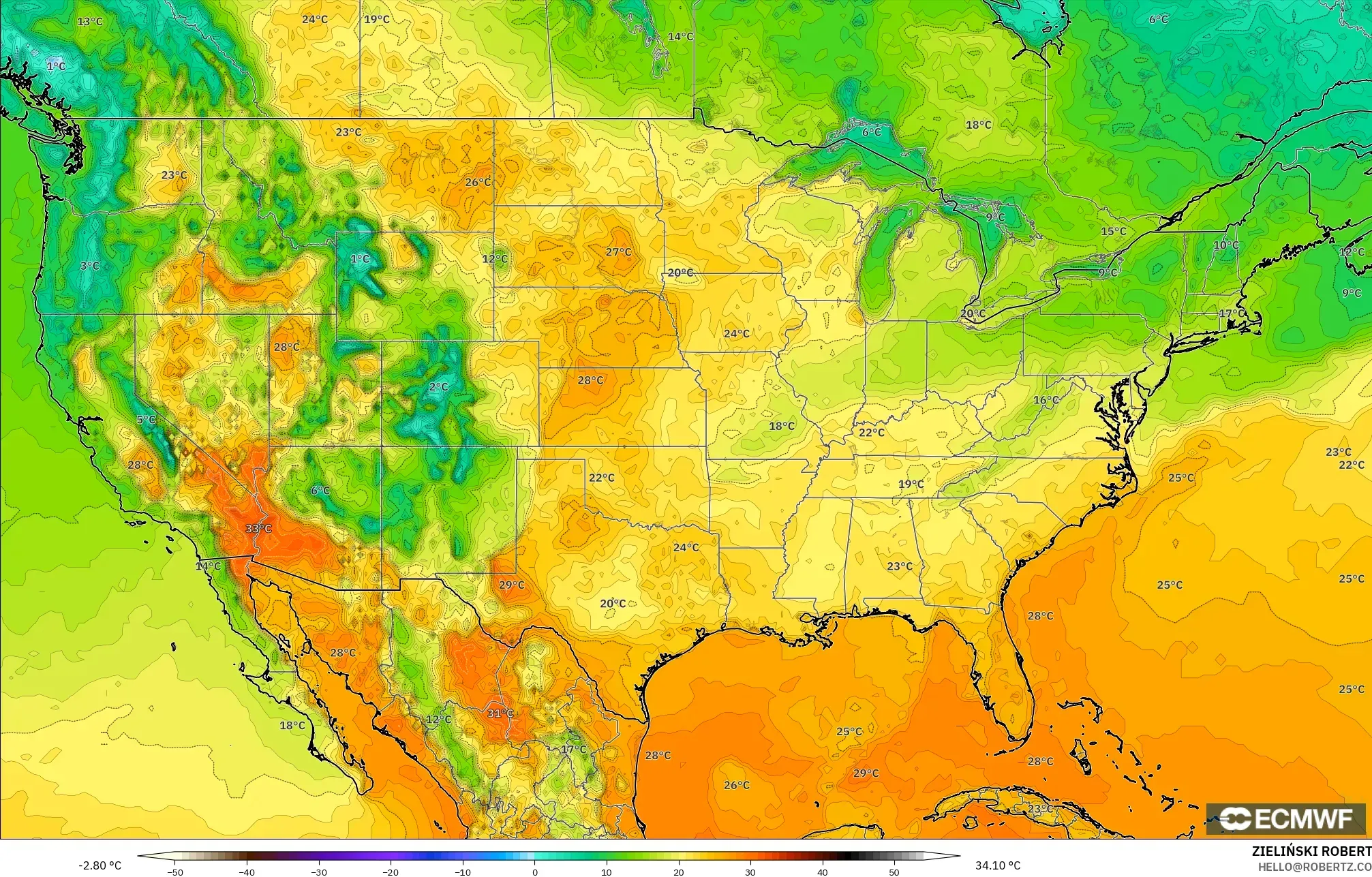 ECMWF IFS 0.25° モデル - アメリカ合衆国, 気温（2m）
