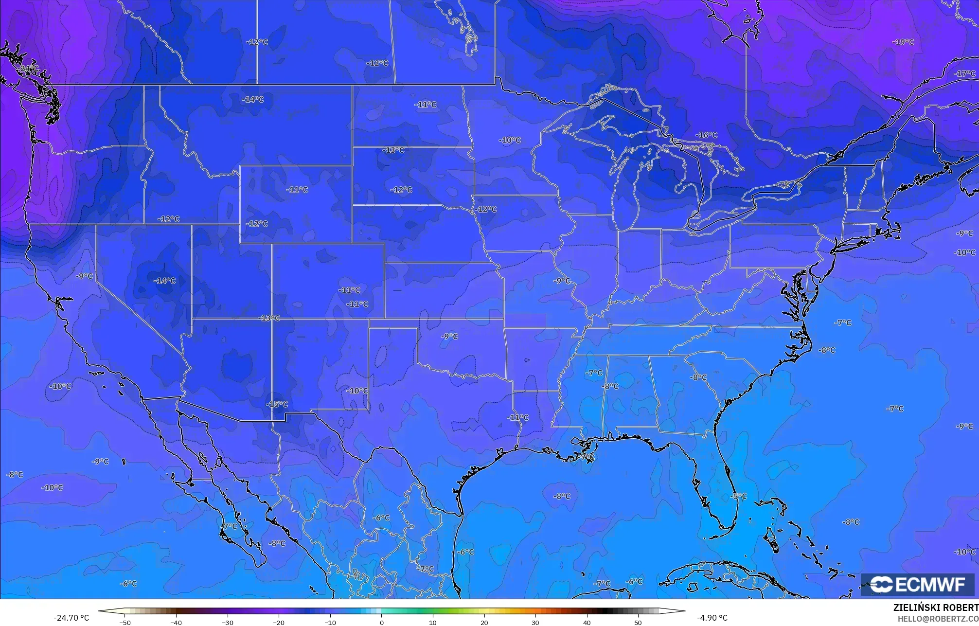 ECMWF IFS 0.25° モデル - アメリカ合衆国, 気温（500hPa）