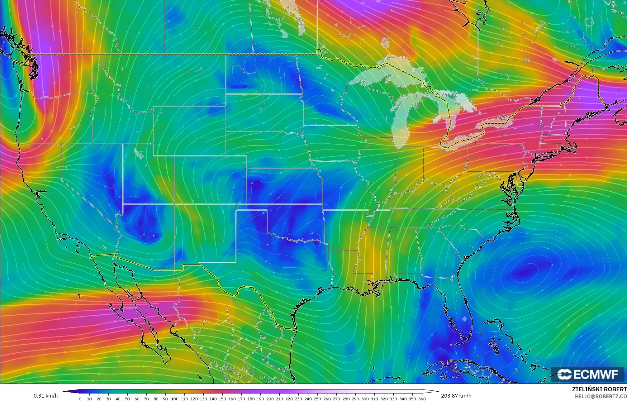 ECMWF IFS 0.25° モデル - アメリカ合衆国, 風速（300hPa）